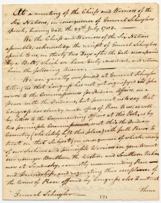 The Six Nations Answer General Schuyler's Speech, September 8, 1783